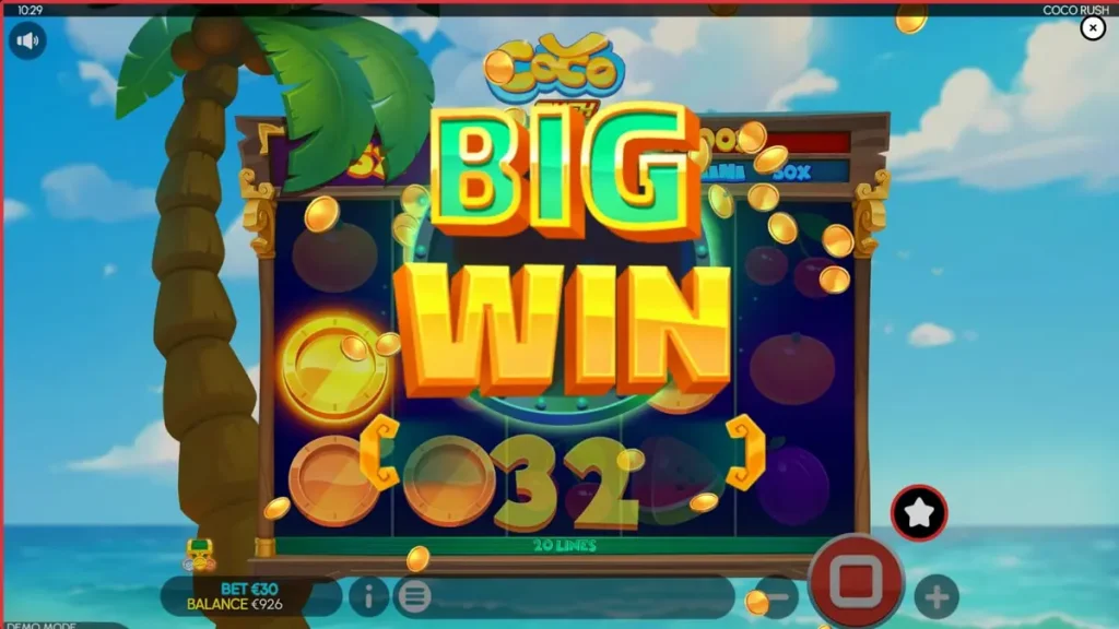 Cenário tropical e ensolarado do slot Coco Rush