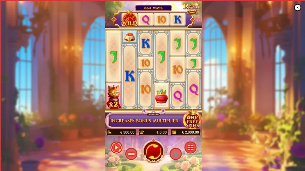 Interface visual luxuosa do slot Royal Paws Maxways com tema de jardim real