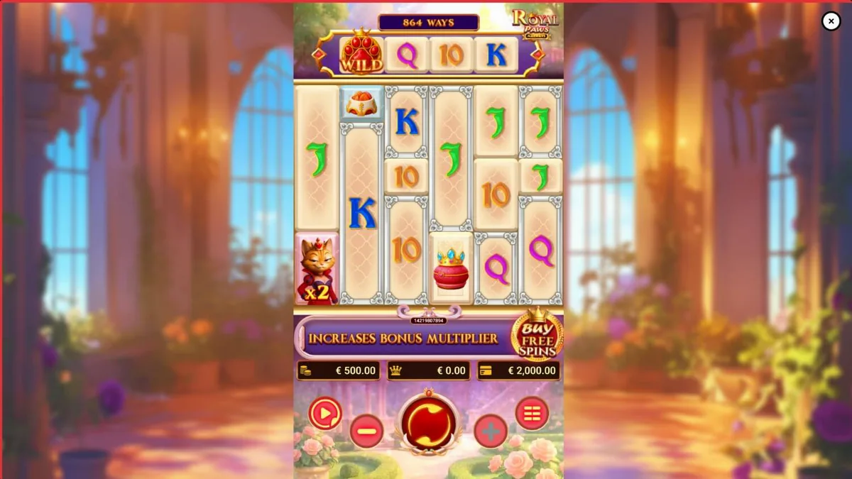 Interface visual luxuosa do slot Royal Paws Maxways com tema de jardim real